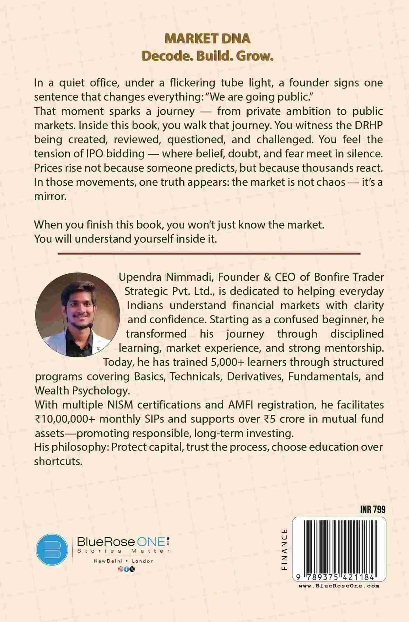 Stock Market Training in Hyderabad - Market DNA book Back page written by Upendra Nimmadi